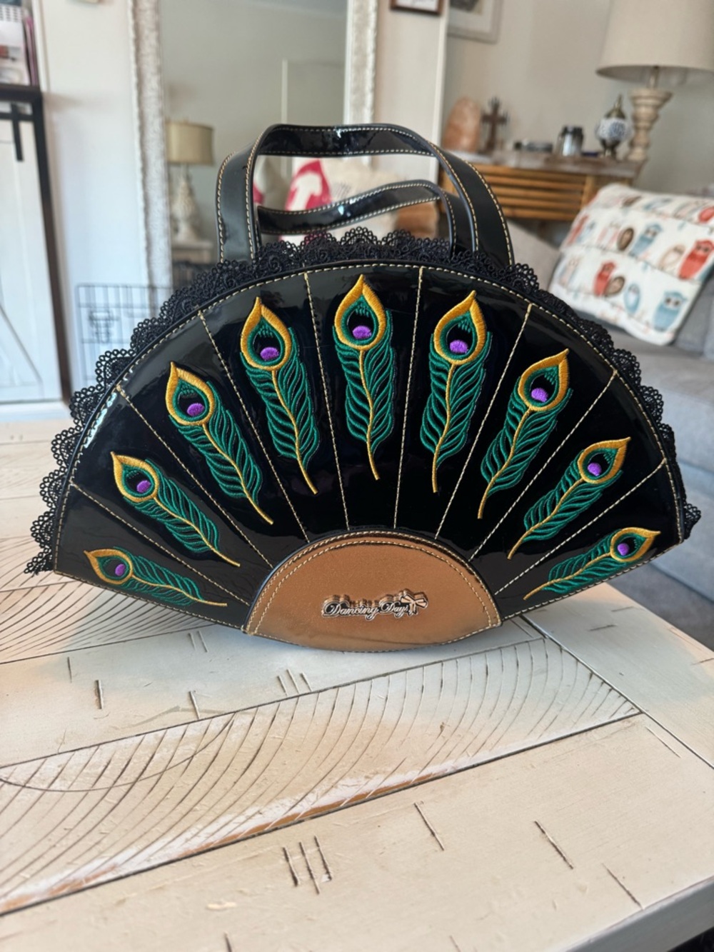 Dancing Days Well-loved Peacock Feather Embroidered Fan Tote - Black Patent